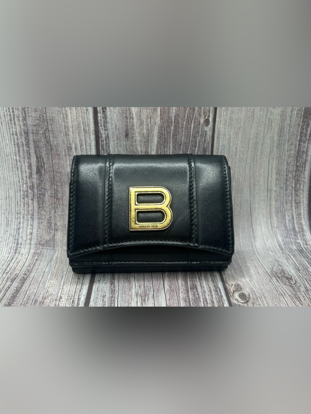 BALENCIAGA Hourglass Mini Wallet in Black Shiny Box Calfskin Leather w/ COA - Picture 6 of 16
